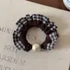 Elástico de cabelo scrunchie xadrez com renda e pérolas, elástico de cabelo da moda estilo coreano, elástico de alta elasticidade para rabo de cavalo