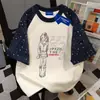 Camiseta de algodão 100% puro, estilo high street coreano, versátil, com estampa de estrela, manga curta, para homens e mulheres, top de retalhos casual soltinho de verão para casais