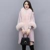 Papaya Milk Otoño e Invierno Nueva Llegada Estilo Coreano Elegante Poncho Suelto Rosa con Capucha Abrigo de Lana con Cuello Grande y Cordones