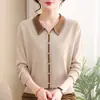Blusa de tricô com gola estilo mãe para mulheres, suéter de lã com blocos de cores outonais e strass, camada base solta e modeladora para mulheres de meia-idade