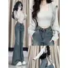 Jeans de Perna Larga com Novo Design Moderno para Mulheres Plus Size Curvy Cintura Alta Elástico Cobre os Quadris Afinando Barra Desfiada Boca de Sino