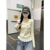 Camiseta de Manga Longa com Decote em V e Ombro Direito 2025 para Mulheres Outono e Inverno Renda em Patchwork Renda na Cintura Efeito Emagrecedor Camiseta Básica Top