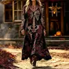 Vestido Largo de Fiesta Vintage Oscuro para Mujer con Estampado de Calavera Gótica y Rosas, Cuello en V, Manga Larga, Estilo Halloween