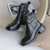 Botines de cuero con cordones y tacón grueso, nuevos para otoño e invierno 2024, color negro, en stock. Botas martin de tacón alto cuadrado, de piel de vaca, para mujer.
