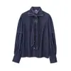 Estilo europeu e americano feminino primavera novo francês elegante para o trabalho cadarço laço manga longa gola alta Camisa jeans