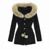 Estilo Nuevo Otoño e Invierno Estilo Americano Estilo Chica Picante Cuello de Piel con Capucha Ajustado Adelgazante Tejido de Punto Manga Larga Mono Corto para Mujer
