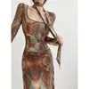 Vestido largo de manga larga con cuello en U, línea H ceñido a la cintura, con volantes plisados en degradado vintage, transfronterizo, para mujer, otoño, venta al por mayor