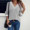 2025 Verano Europeo y Americano Transfronterizo Estación Independiente de Amazon Temu Primavera y Otoño Ropa de Mujer Casual Cuello en V Color Sólido Patchwork Manga Larga