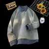 Sudadera con cuello de camisa a rayas otoñales y retazos, marca moderna para hombre, diseño de dos piezas simulado, top casual y versátil de manga larga