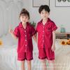 Comércio Exterior Pijama Infantil Imitação de Seda de Gelo para Meninos e Meninas Primavera e Outono Calça de Manga Curta Cardigã de Cor Sólida Gola Lapela Cetim Roupas de Casa