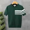 Nueva camiseta de punto de manga corta para hombre de verano, a rayas, simple, business casual, corte ajustado, camiseta de seda helada, venta al por mayor transfronteriza