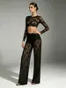 Pantalones largos acampanados transparentes con retazos de encaje de cintura alta sexy de venta caliente estilo ins europeo y americano para mujer, ropa transfronteriza