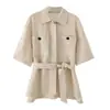 Ropa de Mujer Transfronteriza 2026 Conjunto de Safari Europeo y Americano de Mezcla de Lino con Cinturón Chaqueta + Pantalones para Mujer M87018