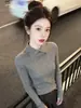 Camisa base de malha de manga comprida com gola Peter Pan de temperamento retrô para mulheres, modelagem slim que afina, suéter pullover estilo para ir ao trabalho A14918