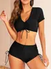 Traje de baño de dos piezas transfronterizo 2027, color liso, cordón, manga corta, cintura alta, estilo europeo y americano, venta al por mayor para Amazon, trajes de baño para mujer de comercio exterior