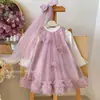 Vestido para niña, nuevo estilo otoño 2026, lindo conjunto de dos piezas con vestido de malla sin mangas y lazo