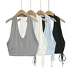 Top regata cinza com gola halter, decote nas costas, amarração e alças para mulheres, design curto de verão, caimento justo, sexy e atraente