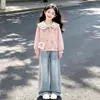 Conjunto de otoño de dos piezas estilo coreano para niña: conjunto de sudadera preppy de moda y pantalones vaqueros de pierna ancha
