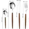 Talheres de Madeira com Cabo Transfronteiriço Português Aço Inoxidável 430 Faca, Garfo, Colher Grão de Madeira Imitado Louça Estilo Ocidental Faca de Churrasco Garfo de Sobremesa
