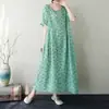 2026 Verano Japonés y Coreano Comercio Exterior Estampado de Margaritas Pequeñas Cuello Redondo Forma de Capullo Retro Favorecedor de la Figura Vestido Largo de Viaje Vestido de Algodón Lino