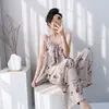 Nuevo Pijama Sexy de Algodón y Seda para Mujer de Primavera y Otoño, Estilo Delgado de Verano, Estilo Puro Deseo, Sensación de Alta Gama, Conjunto de Ropa de Dormir de Camisola y Pantalones Largos