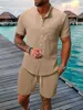 Conjunto Casual de 2 Piezas Verano 2025 Amazon para Hombre Sencillo Color Sólido Camisa de Manga Corta Texturizada y Conjunto de Shorts