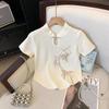 Novo estilo chinês estilo chinês fivela para cima colarinho manga curta t-shirt feminina verão all-match bambu bordado short sweater top