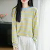2026 Primavera/Verão Novo Tricô de Bambu Gola Redonda Manga Longa Feminino Color Block Listrado Solto Camisa Base Top