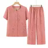 Conjunto de Verão para Senhora Idosa 2026 Novo Conjunto de Manga Curta, Elegante Conjunto de Duas Peças com Estampa Floral, Roupas Leves para Avó