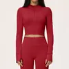 Chamarra corta de yoga transfronteriza para mujer, cuello alto, con cierre de cremallera, secado rápido, manga larga atlética, ropa para correr y fitness al aire libre, 5112