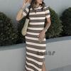 Vestido de punto de venta caliente en Amazon 2025, europeo y americano, primavera y verano, casual, longitud media, manga corta, con recortes, a rayas, con abertura lateral