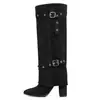 Botas Altas Retro Europeas y Americanas para Mujer Tacón Grueso Punta Fina Hebilla de Cinturón Decoración Botas Largas Gamuza Charol Botas de Caballero Otoño e Invierno Estilo Nuevo