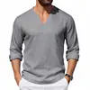 Amazon Transfronterizo Primavera Nuevo Producto Estilo Americano Holgado Lino Casual Holgado Hombres Diseño Cuello en V Talla Grande Manga Larga Camiseta