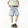 2026 Nuevo Estilo Retro Americano Shorts de Mezclilla Azul Desgastado Rectos Holgados Rasgados de Longitud Media para Hombre