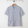 Camisa Masculina de Linho Estilo Chinês de Verão Fina com Gola Vertical de Botão Manga Curta Camisa Masculina Solta de Linho Vintage para Homens