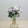 Pequeno buquê fresco de simulação 5 garfos eucalipto pequena rosa casamento decoração de casa decoração flor de plástico flor artificial decoração