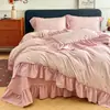 Estilo Coreano Algodón Lavado Tradicional Coreano Algodón como Nube Romántico Francés Cubre Cama de Encaje Grande Juego de Cuatro Piezas Falda de Cama de Encaje Cama Doble