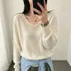Suéter de malha de seda e cashmere com decote em V e detalhes vazados para mulheres, novo outono, manga longa, corte solto, versátil, macio e amigo da pele, blusa de suéter