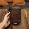 Carteira Masculina Curta Retro Carteira Masculina Multifuncional com Zíper Bolsa de Mão Pele de Ovelha Macia com Curtimento Vegetal Porta-Cartões Grande Capacidade