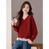 2026 Estilo Coreano Moda Encaje Patchwork Falso Dos Piezas Holgado Tacto de Alta Gama Manga Larga Jersey Top Nuevo Llegado Otoño para Mujer