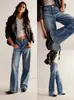 Jeans acampanados con pedrería degradada de alta resistencia europeos y americanos, pantalones vaqueros de pierna ancha con lavado azul de cintura alta adornados con pedrería para chica hot