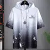Camiseta de Seda de Gelo Masculina Verão Nova Marca Tendência Ins Verão com Capuz Manga Curta Proteção Solar Solta Tops de Estudante 1/2 Peças