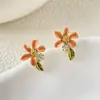 Agulha de prata diamante óleo de laranja gota brincos de flor Estilo coreano feminino requintado brincos de moda fresco e doce Mori estilo brincos da moda