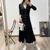 Roupas de Outono Femininas Estilo Francês Novidades Moda Elegante Estilo Socialite Vestido Longo de Tricô Manga Longa Decote V Emagrecedor e Que Aumenta a Altura