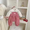Conjunto de Macacão Xadrez Dianxi Spring para Bebês Meninas, Conjunto de Duas Peças com Camisa Boneca de Lapela e Macacão