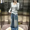 Tejido de pelo sintético, suéter de cuello en V a rayas de bloques de color, nuevo estilo otoño/invierno 2026 para mujer, capa interior, top de punto