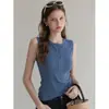 Camiseta sin mangas azul LiLvi con cuello henley de varios botones para verano, camisola de cuello redondo para mujer