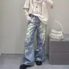 Jeans con Estampado de Rosa Rota Estilo AC Nuevo 26SS, Pantalones Rectos de Pierna Ancha Versátiles para el Trabajo Desgastados