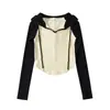Camiseta de Manga Raglan de Cinco Cores Base Estilo Europeu e Americano Feminina Outono Novo Com Capuz Cordão Camiseta Celebridade da Internet Top Curvo Camiseta