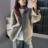 Chaqueta de cuero PU tie-dye color block estilo americano, unisex, colección de otoño, cuello alto, chaqueta de béisbol, corte ajustado, chaqueta corta de motociclista